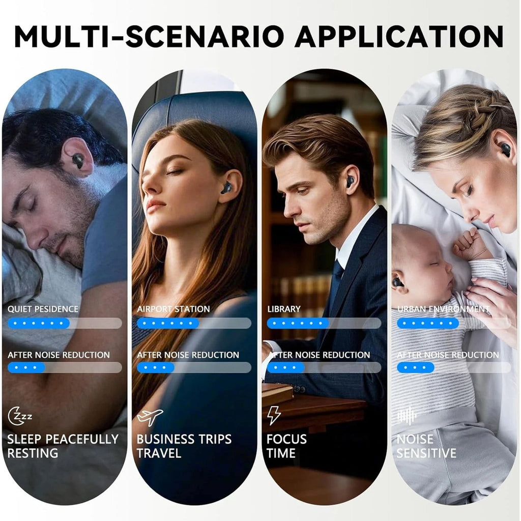 Multifunctional HuziNite Earplugs application scenarios including quiet residence, airport station, library, and business trips.