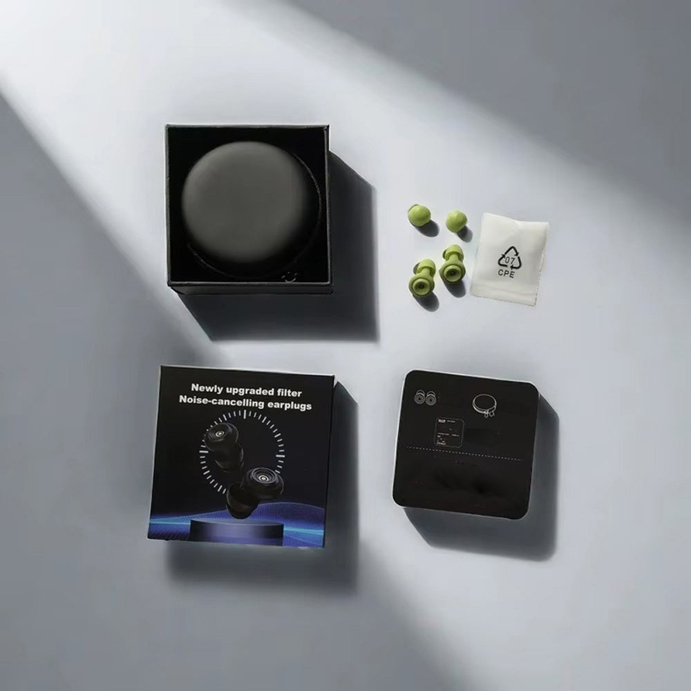 Noise-cancelling HuziNite Earplugs with packaging and filter on a light gray background