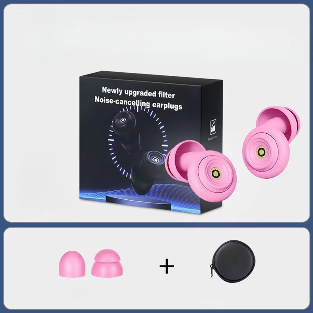 Pink HuziNite Earplugs with packaging and case on a white background