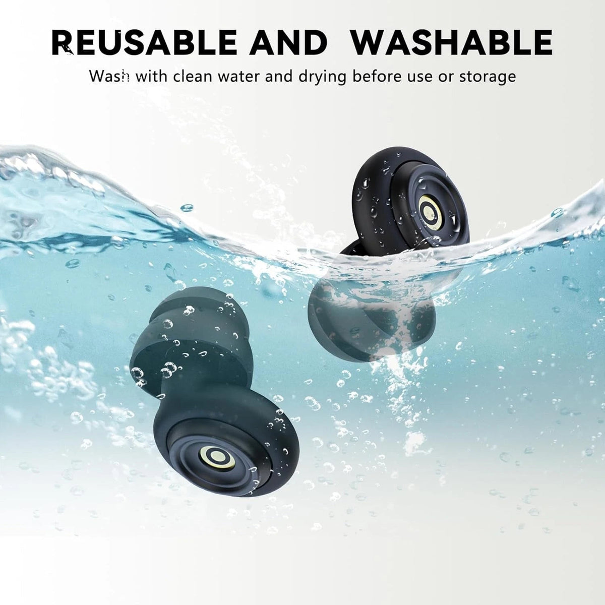Reusable HuziNite Earplugs with water droplets and text indicating washability.