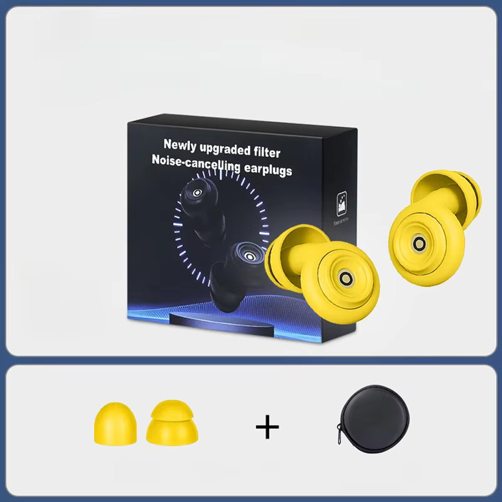 Yellow HuziNite Earplugs with packaging and additional earplug set on a white background