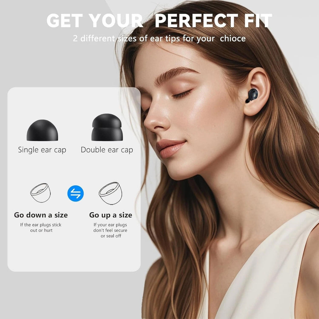 Woman wearing HuziNite Earplugs with instructions on different ear cap options.