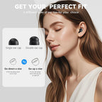 Woman wearing HuziNite Earplugs with instructions on different ear cap options.