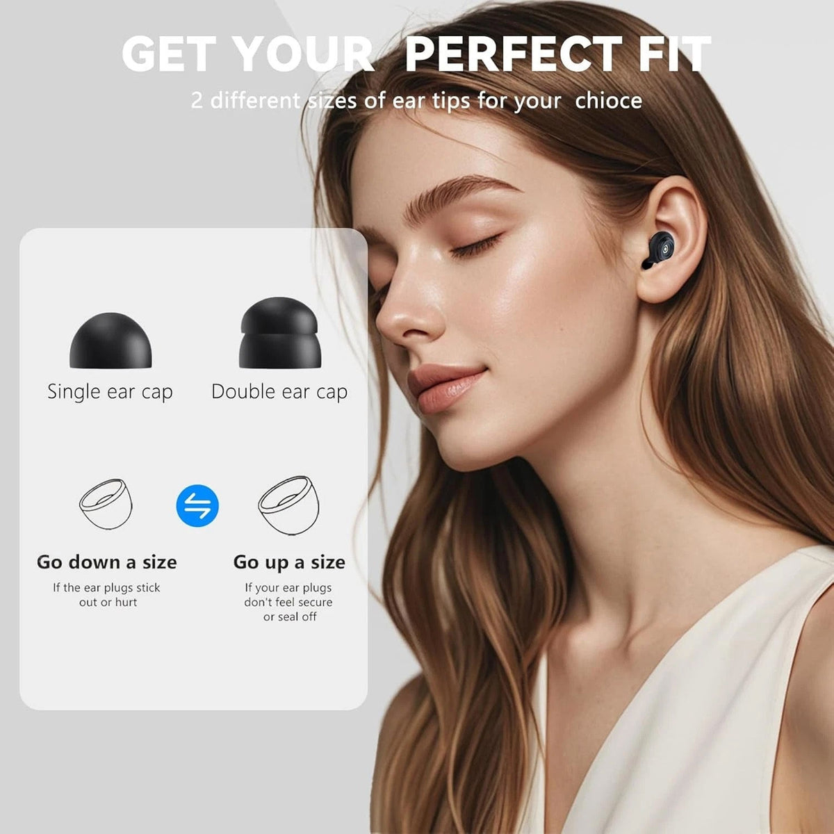 Woman wearing HuziNite Earplugs with instructions on different ear cap options.