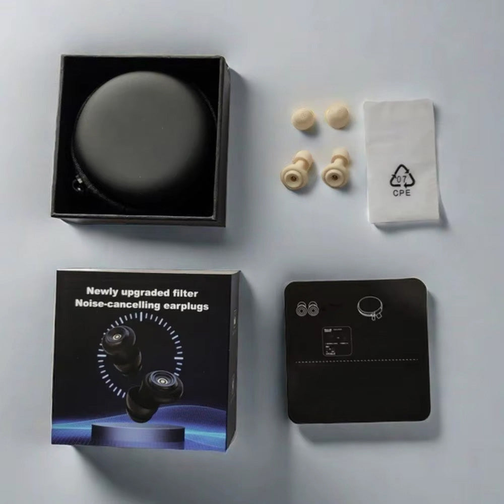 Noise-cancelling HuziNite Earplugs with packaging, filters, and cleaning cloth on a light gray background