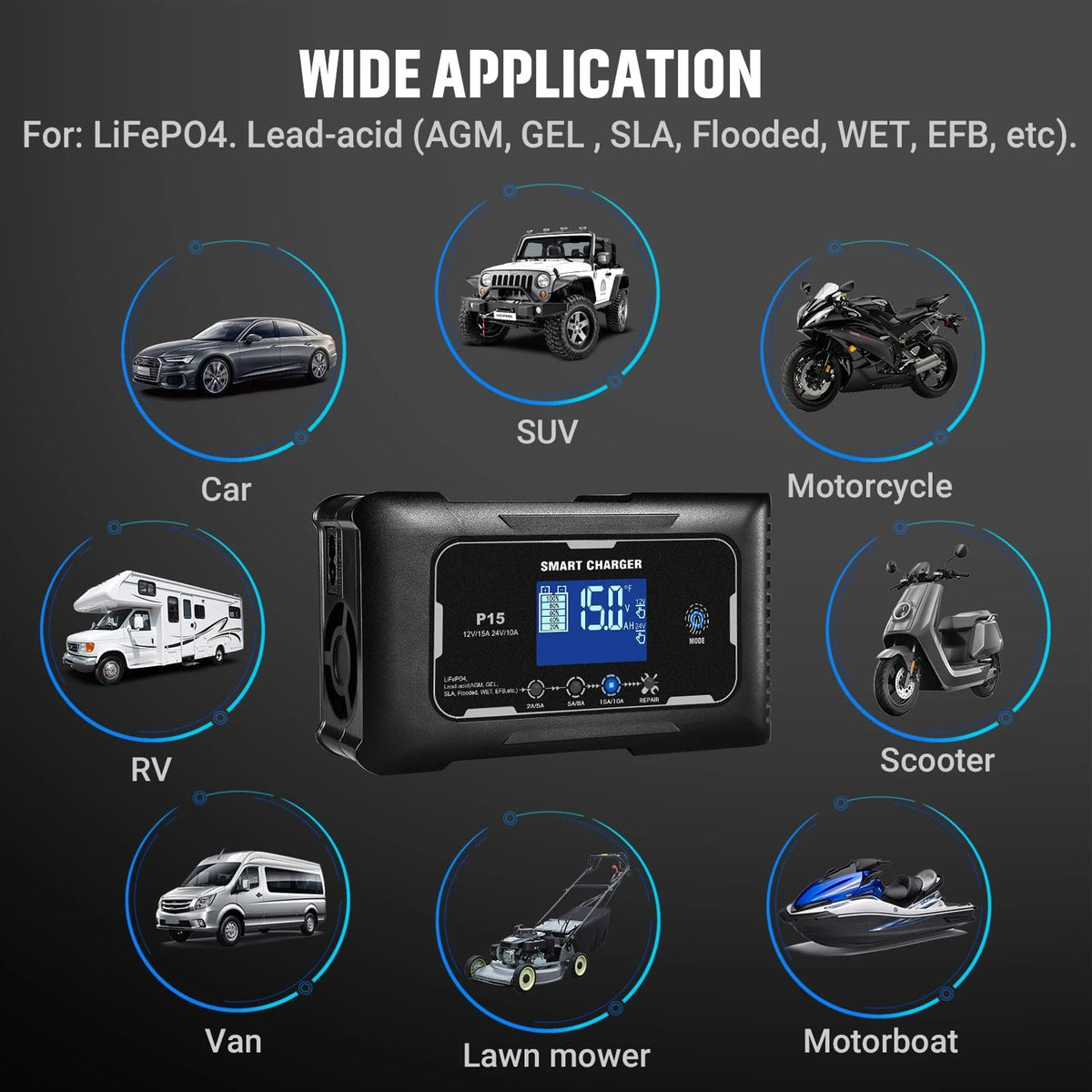 JoltNapo with applications for various vehicles on a dark background