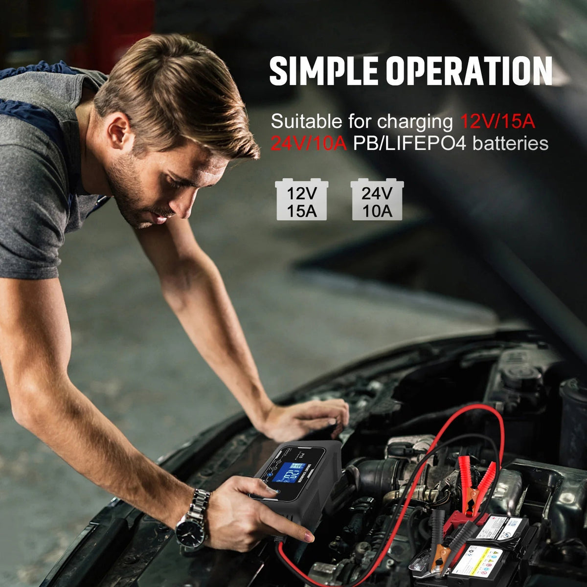 Person charging a car battery with a JoltNapo  text indicating compatibility with 12V/15A and 24V/10A batteries.