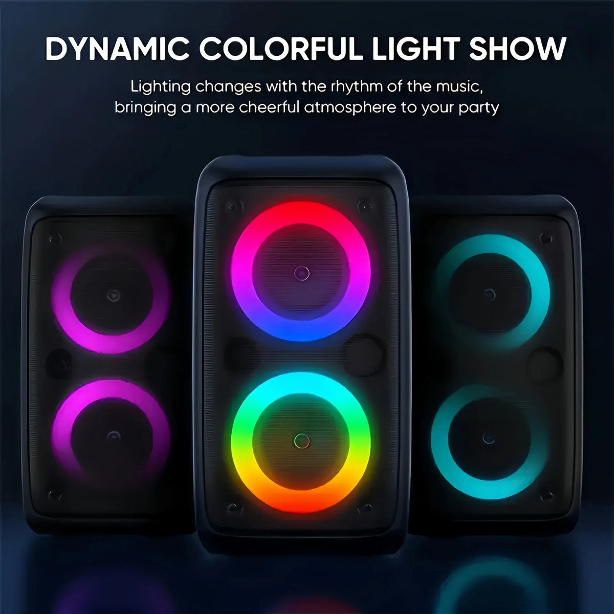 Three KaraTunex Portable Karaoke Machine with dynamic colorful light show on a dark background