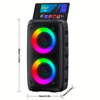 KaraTunex Portable Karaoke Machine with RGB lighting and a display on top, showing dimensions on a white background.