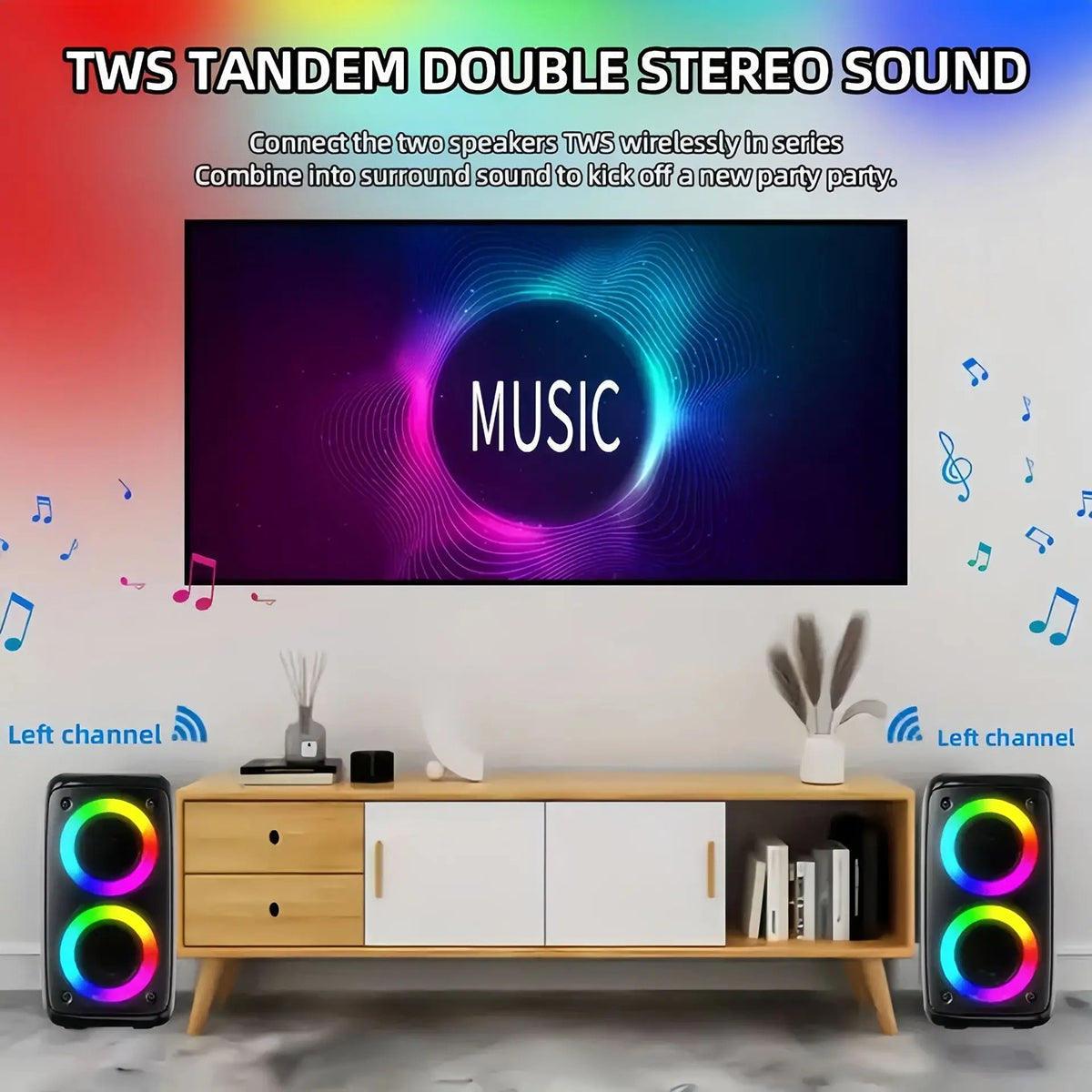 Two TWS tandem speakers with a TV displaying 'MUSIC' on a colorful background.
