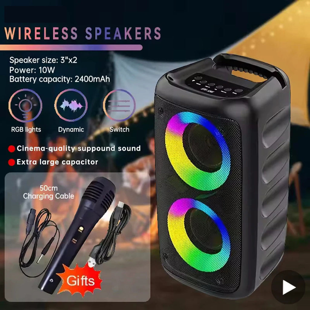 Black KaraTunex Portable Karaoke Machine with RGB lights, microphone, and charging cable on a dark background