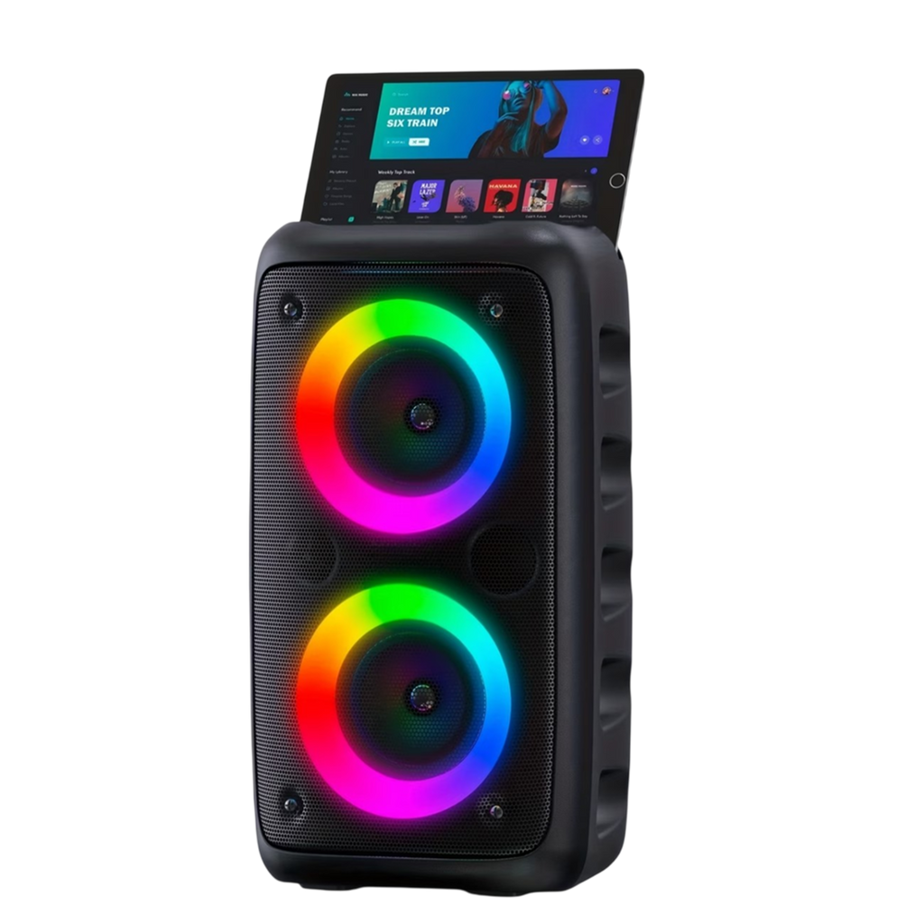 KaraTunex Portable Karaoke Machine with RGB lighting on a white background