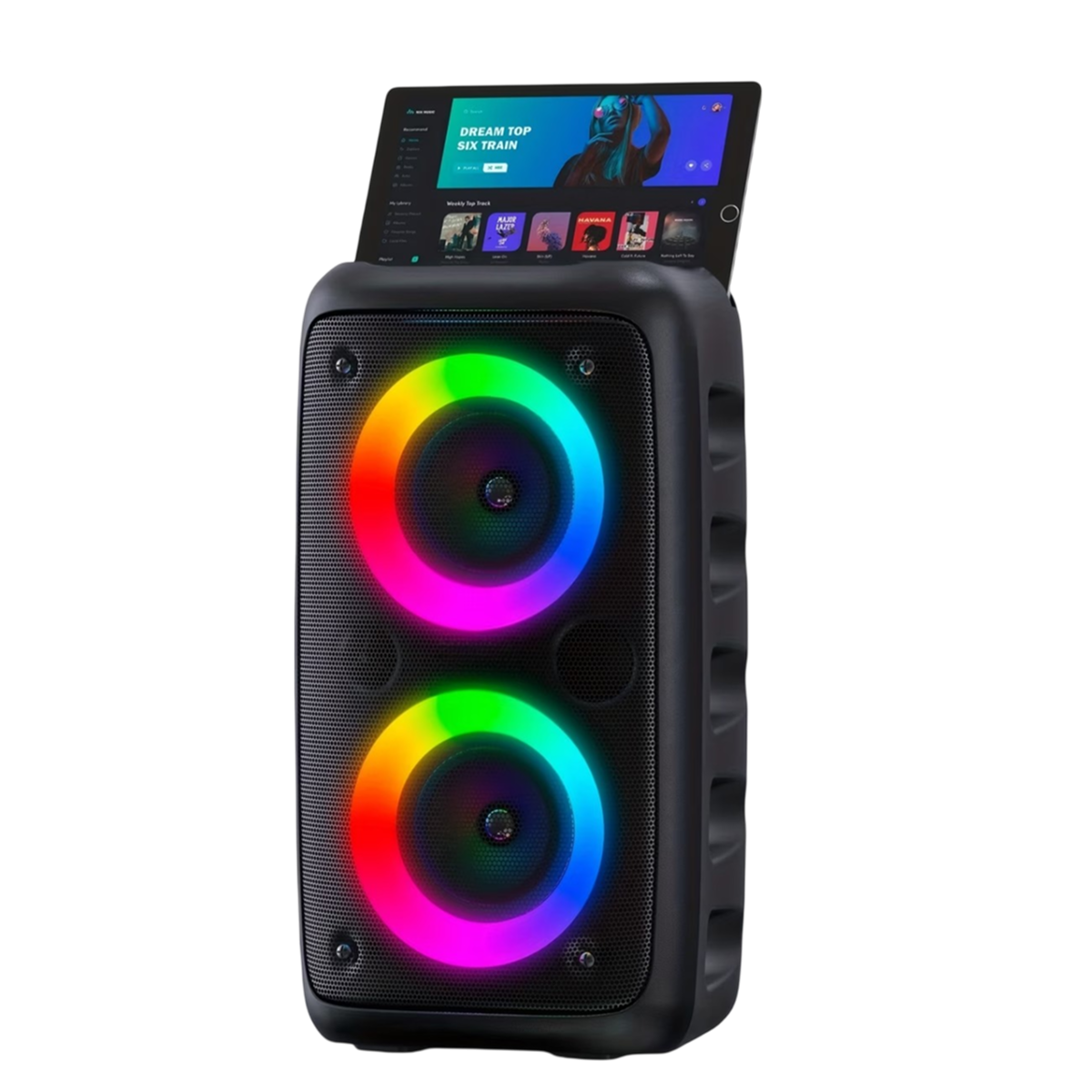 KaraTunex Portable Karaoke Machine with RGB lighting on a white background
