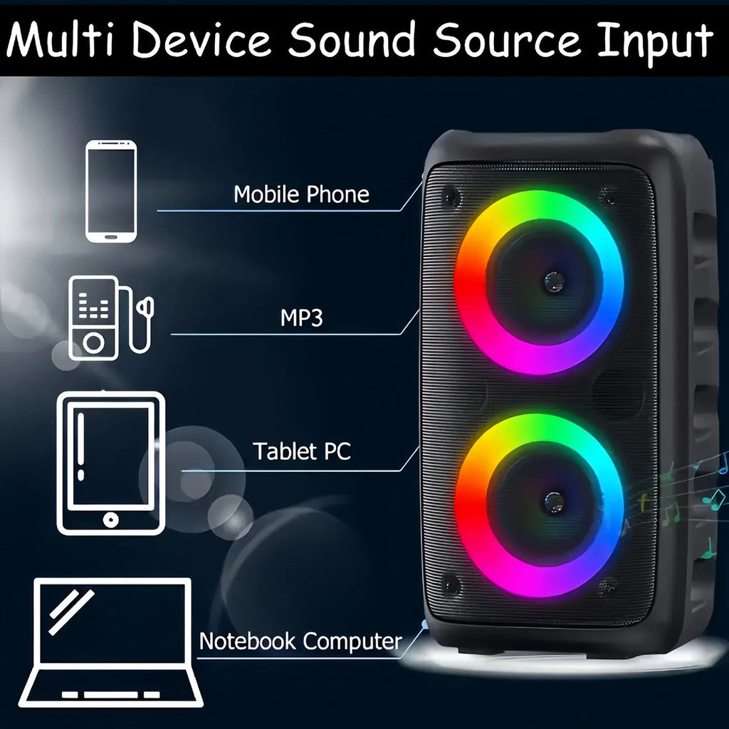 Multimedia KaraTunex Portable Karaoke Machine with RGB lighting and connectivity options for mobile phone, MP3 player, tablet PC, and notebook computer.