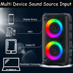 Multimedia KaraTunex Portable Karaoke Machine with RGB lighting and connectivity options for mobile phone, MP3 player, tablet PC, and notebook computer.
