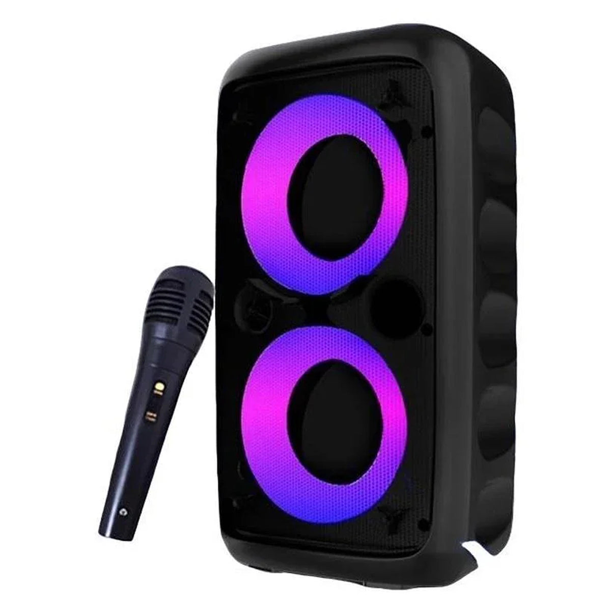 Black KaraTunex Portable Karaoke Machine with purple LED lights and a microphone on a white background