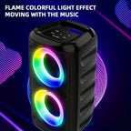Black KaraTunex Portable Karaoke Machine with colorful LED lights on a dark background