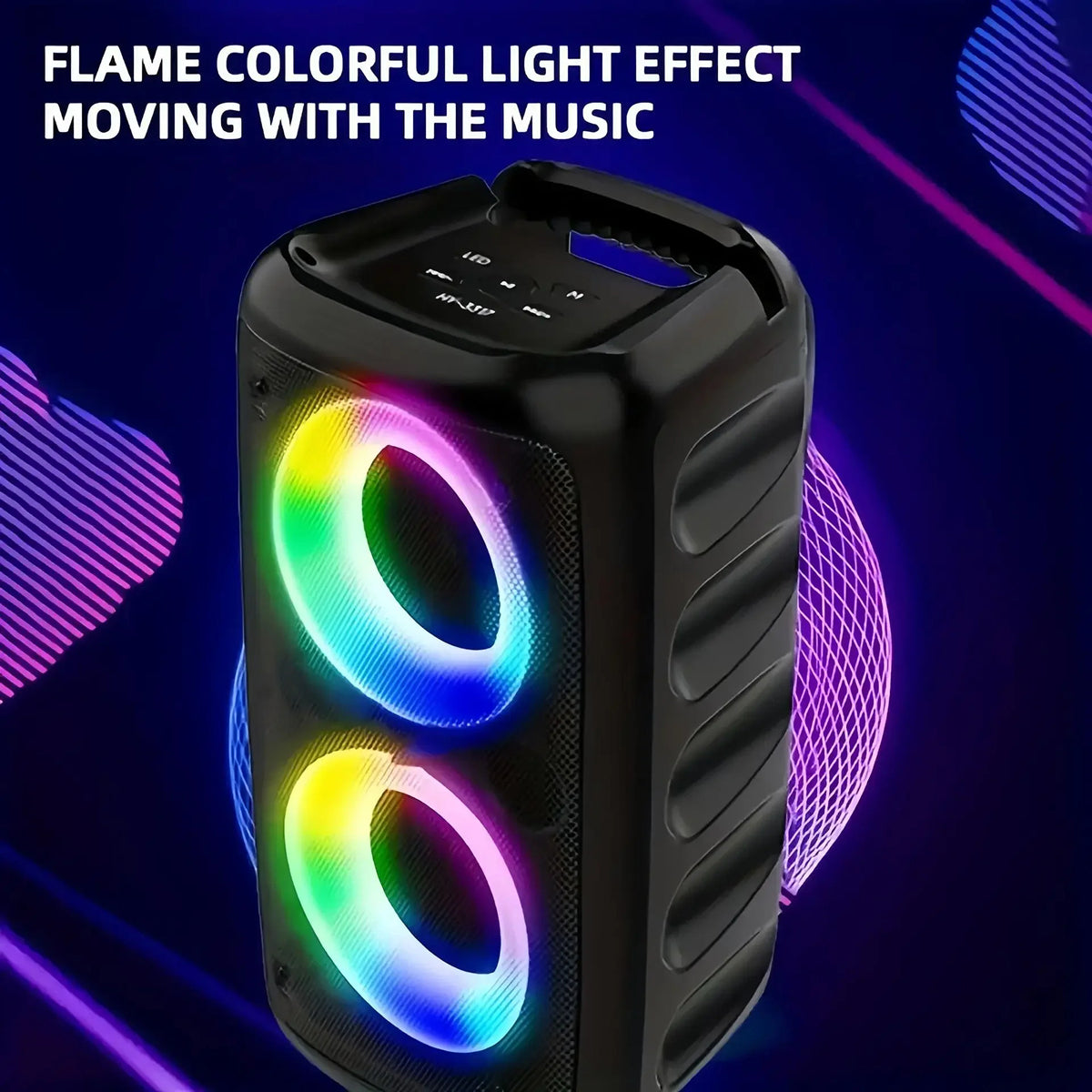 Black KaraTunex Portable Karaoke Machine with colorful LED lights on a dark background