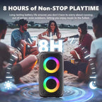 KaraTunex Portable Karaoke Machine with colorful lights on a beach setting, showing people enjoying music together.