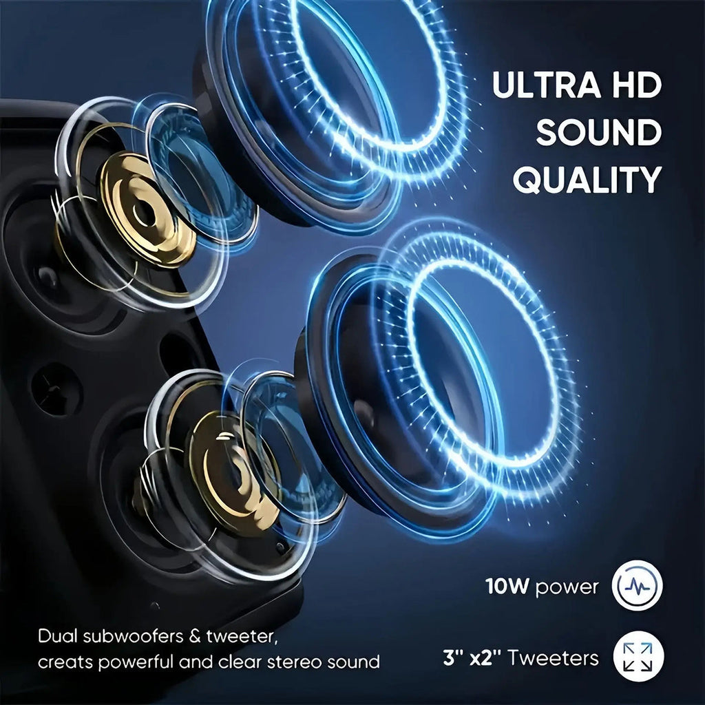 KaraTunex Portable Karaoke Machine system with dual subwoofers and tweeter, highlighting ultra HD sound quality on a dark background.