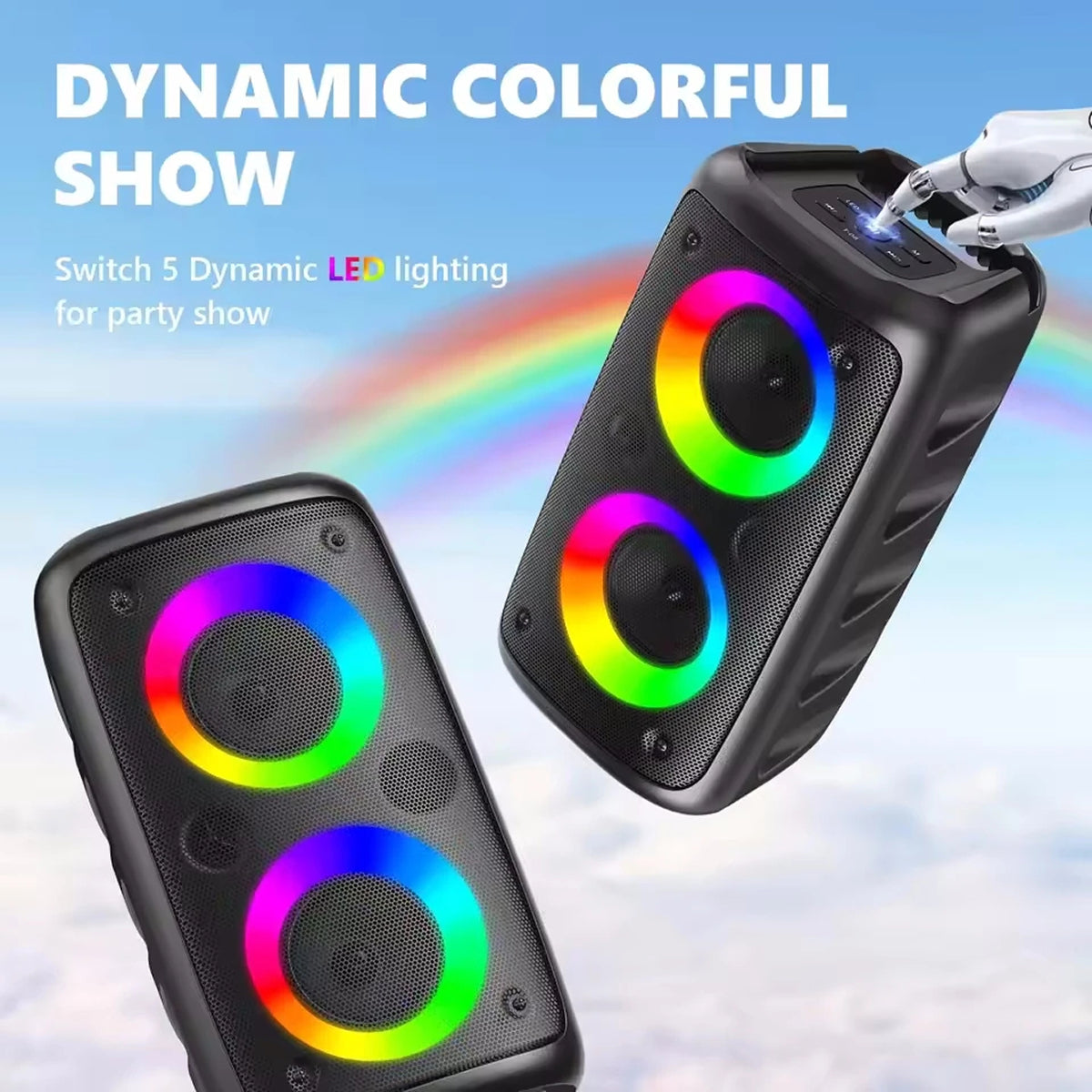 Two black KaraTunex Portable Karaoke Machine with colorful LED lighting against a blue sky background.