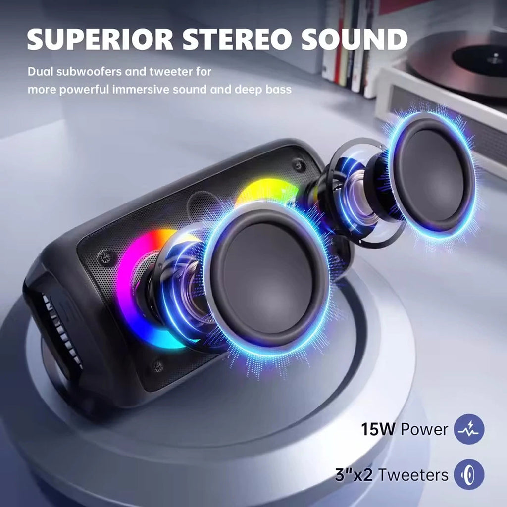 KaraTunex Portable Karaoke Machine with colorful lighting effects on a white surface, highlighting superior stereo sound features.