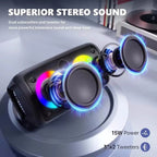 KaraTunex Portable Karaoke Machine with colorful lighting effects on a white surface, highlighting superior stereo sound features.