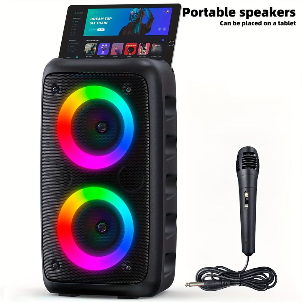 KaraTunex Portable Karaoke Machine with RGB lighting and a microphone on a white background
