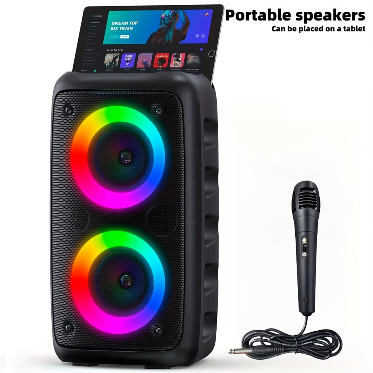 KaraTunex Portable Karaoke Machine with RGB lighting and a microphone on a white background