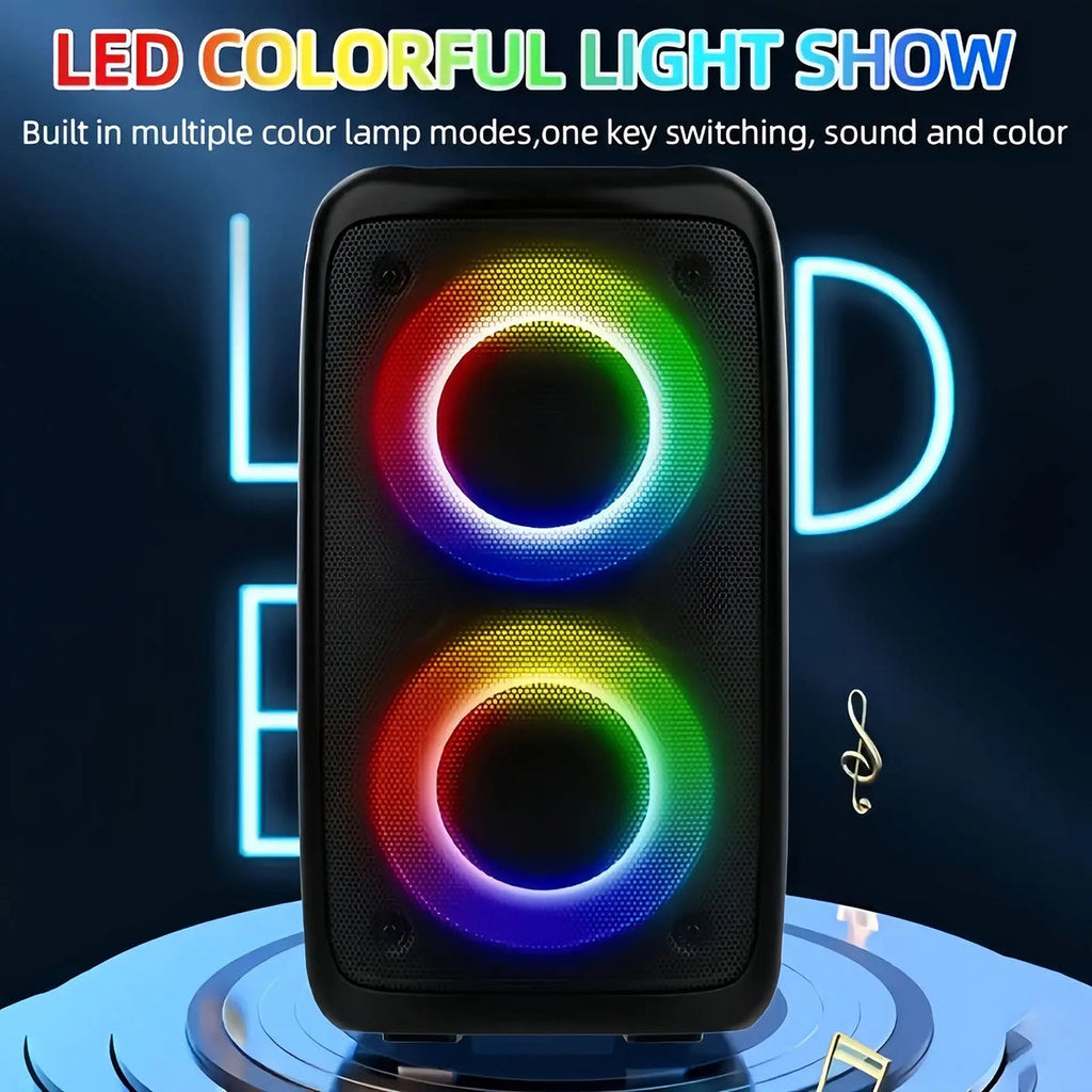 KaraTunex Portable Karaoke Machine with RGB lighting effects on a dark background with 'LED' text.