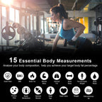 A woman in a gym wearing a blue sports bra and black leggings, holding a dumbbell, with text below reading '15 Essential Body Measurements' and icons for body composition metrics.
