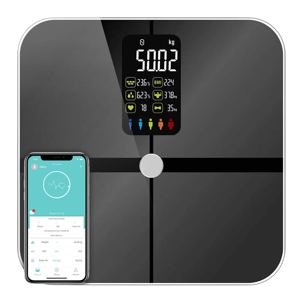 A KiloGridi Smart Scale with a glossy black glass surface, featuring a central display screen showing weight and health metrics, alongside a smartphone showing a companion app on a white background.