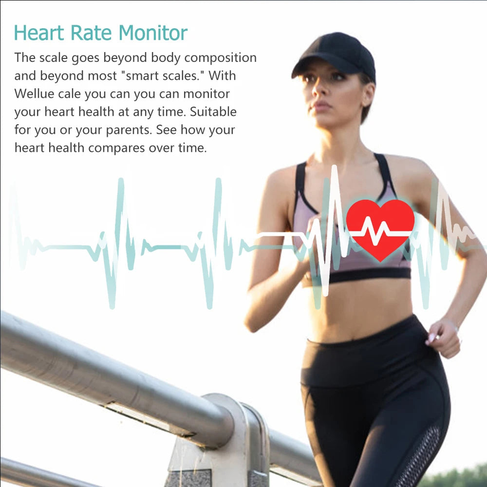 Woman in athletic wear with heart rate monitor graphic, text about health monitoring. 
