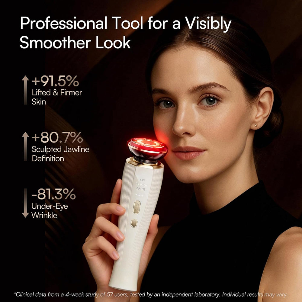 A woman holds a white and gold fMioPulsex Microcurrent Device with a glowing red light head against a dark background, with promotional text highlighting skin lifting and jawline definition results.