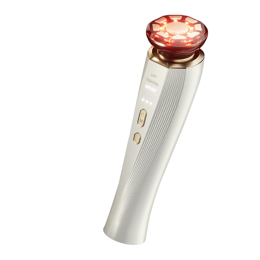 MioPulsex Microcurrent Device with a white textured handle, gold buttons, and a glowing red LED face mask head, shown on a solid white background.