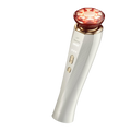 MioPulsex Microcurrent Device with a white textured handle, gold buttons, and a glowing red LED face mask head, shown on a solid white background.