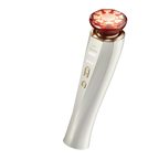 MioPulsex Microcurrent Device with a white textured handle, gold buttons, and a glowing red LED face mask head, shown on a solid white background.