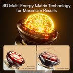 MioPulsex Microcurrent Device with glowing yellow energy matrix and text about 3D Multi-Energy Matrix Technology on a dark background.
