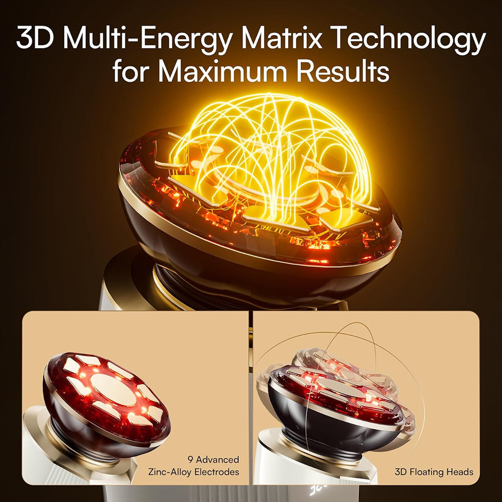 MioPulsex Microcurrent Device with glowing yellow energy matrix and text about 3D Multi-Energy Matrix Technology on a dark background.