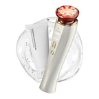 MioPulsex Microcurrent Device with a glowing red LED face head, shown with a tube of hydrating contour gel on a clear glass plate against a white background.