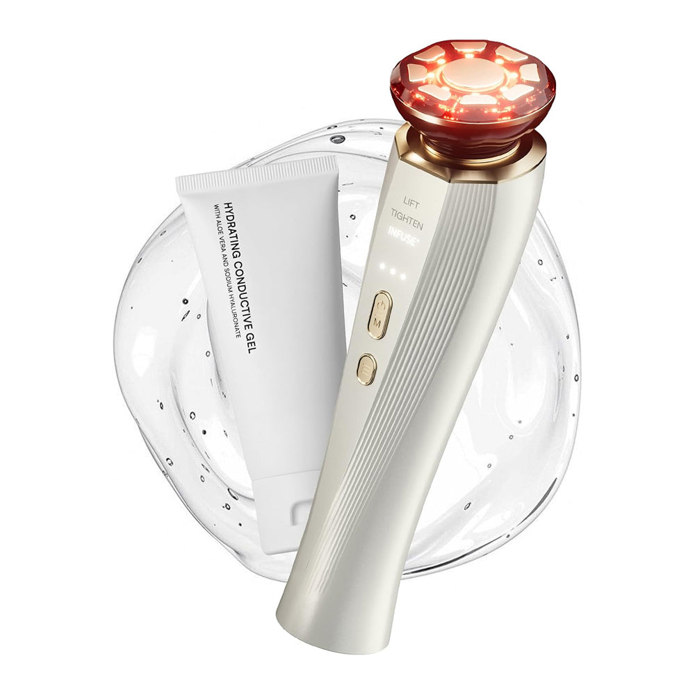 MioPulsex Microcurrent Device with a glowing red LED face head, shown with a tube of hydrating contour gel on a clear glass plate against a white background.