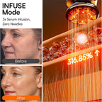 Promotional graphic for MioPulsex Microcurrent Device showing a before-and-after face comparison on the left and a close-up of a glowing orange device with text reading 'INFUSE Mode', '3x Serum Infusion, Zero Needles', and '316.85%'.