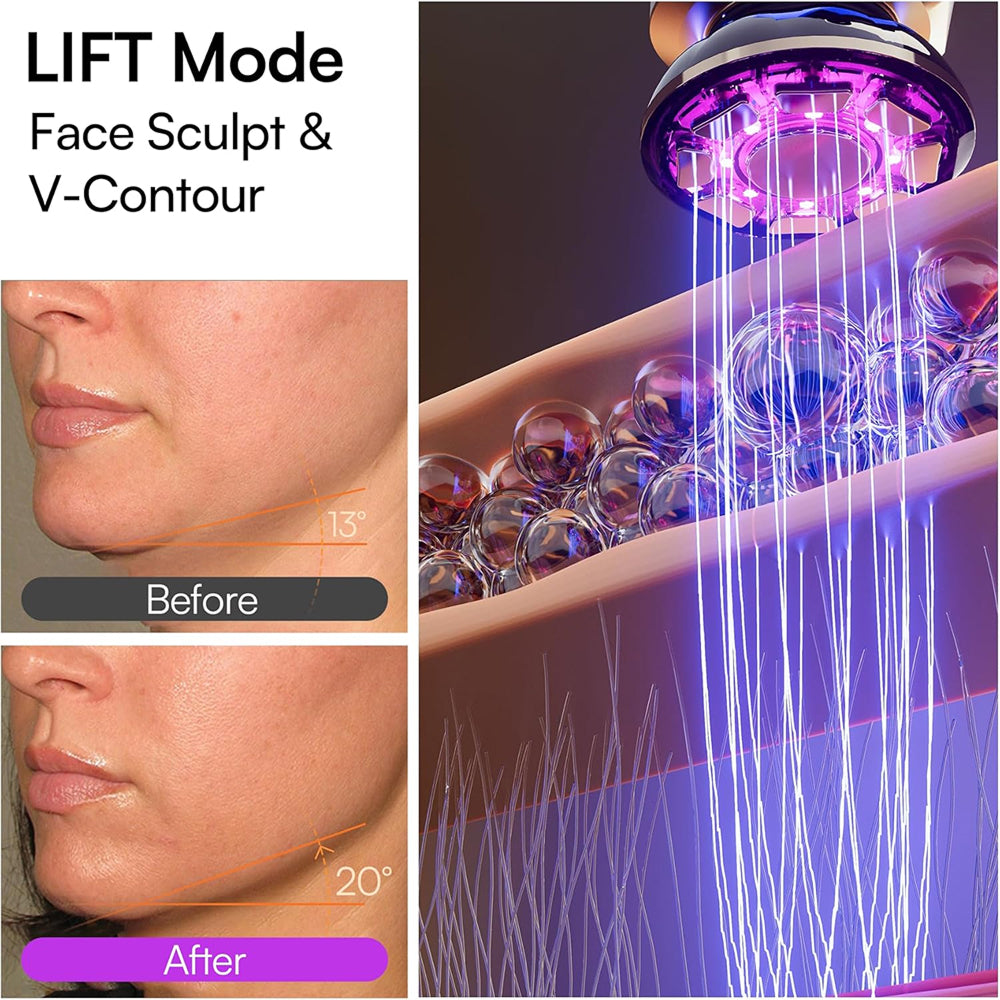 A collage showing a MioPulsex Microcurrent Device in use: text reading 'LIFT Mode Face Sculpt & V-Contour,' a before/after neck-jawline comparison on a woman's face, and a close-up of a shower head emitting purple light into a water jet that passes through clear gel spheres.