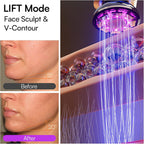 A collage showing a MioPulsex Microcurrent Device in use: text reading 'LIFT Mode Face Sculpt & V-Contour,' a before/after neck-jawline comparison on a woman's face, and a close-up of a shower head emitting purple light into a water jet that passes through clear gel spheres.