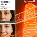 Graphic for a MioPulsex Microcurrent Device with text reading 'TIGHTEN Mode' and 'Visibly Smooths the Look of Skin,' plus before/after skin close-ups and an orange internal mechanism illustration.
