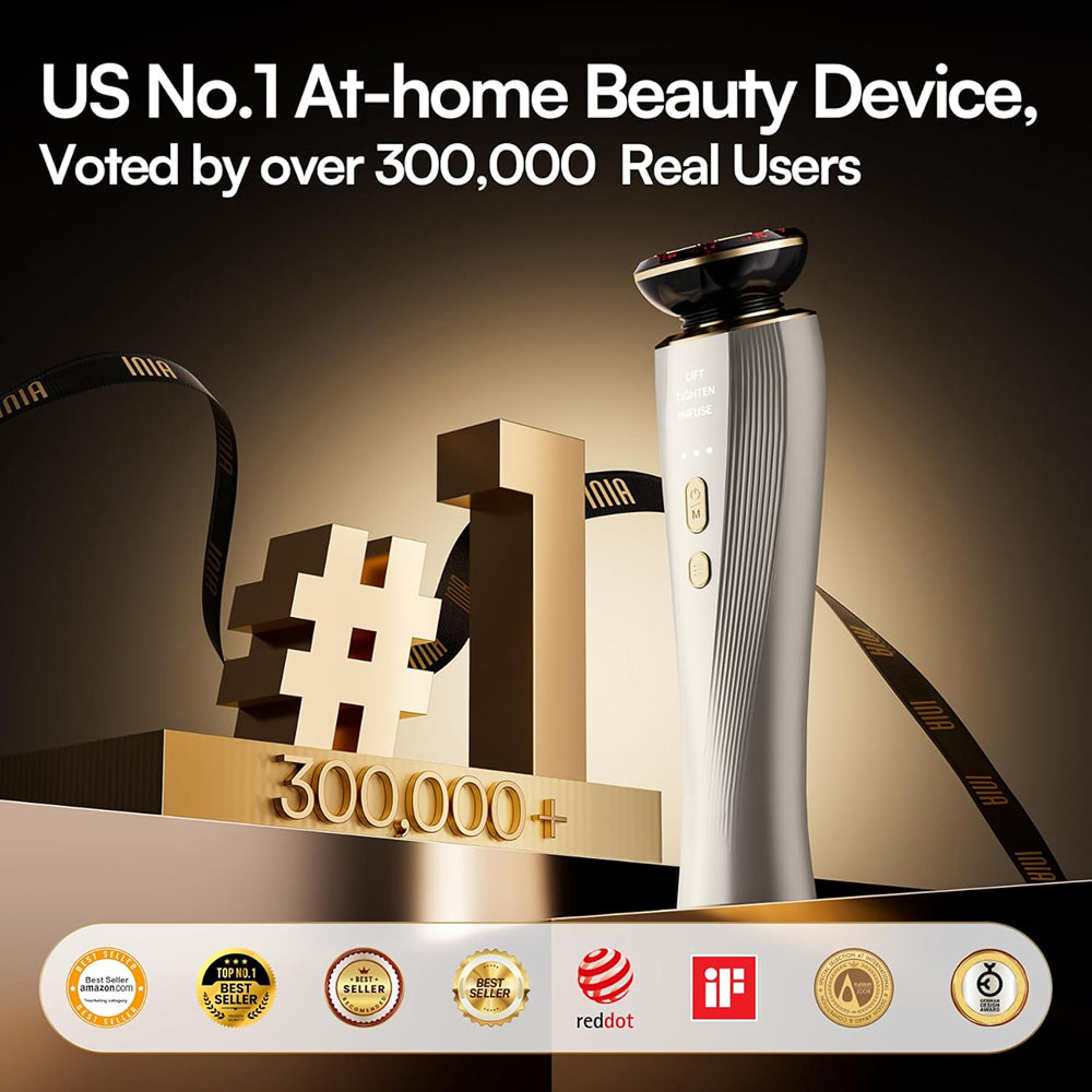 MioPulsex Microcurrent Device with '#1' award and user votes displayed, featuring brand logos at the bottom.