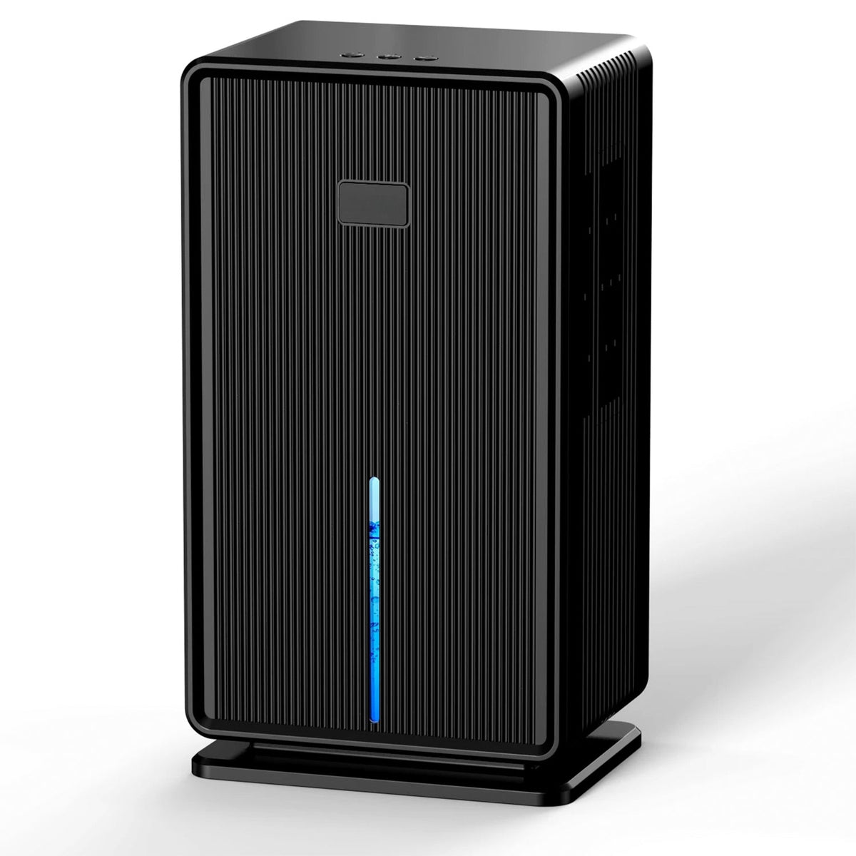 Black MoisTrixe Portable Dehumidifier with a blue light on a white background