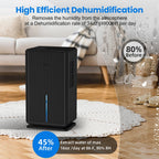 MoisTrixe Portable Dehumidifier in a room with text highlighting its efficiency