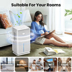 A white MoisTrixe Portable Dehumidifier shown in a living room setting next to a woman reading on the floor, with graphic airflow lines and the text 'Suitable For Your Rooms.' Small inset images along the bottom show use cases: bathroom, bedroom, kitchen, RV, and closet.