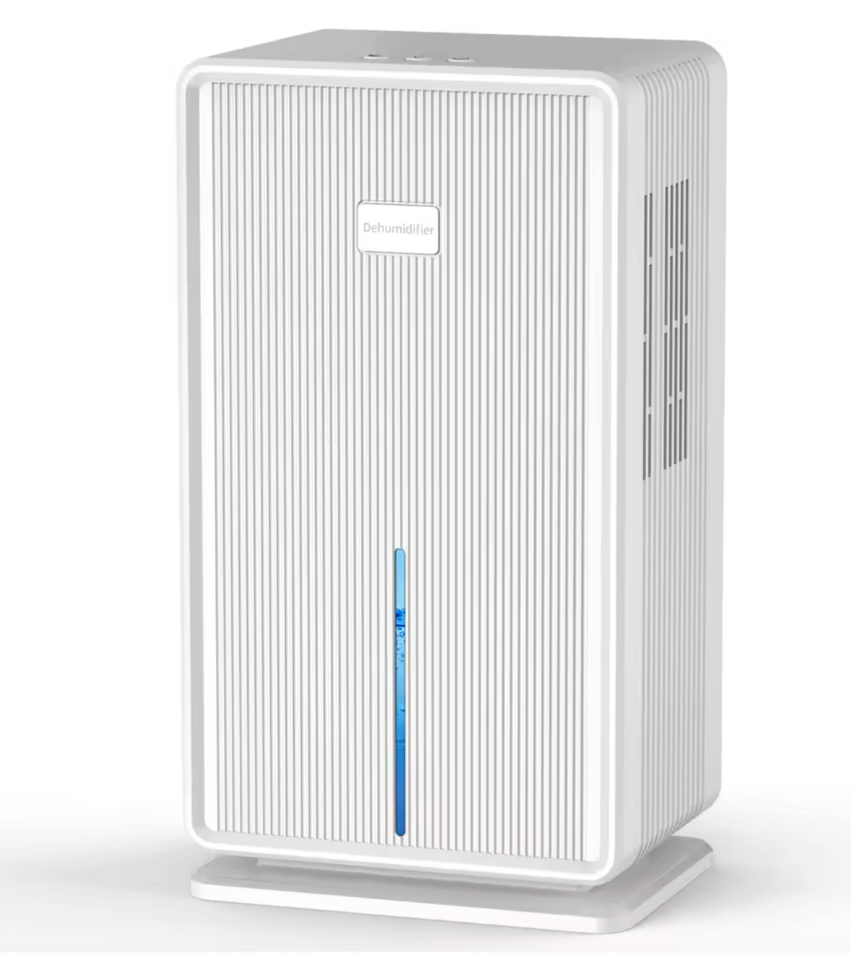 A white MoisTrixe Portable Dehumidifier with a ribbed front panel, a blue vertical indicator light, and a small brand label, shown on a clean white background.
